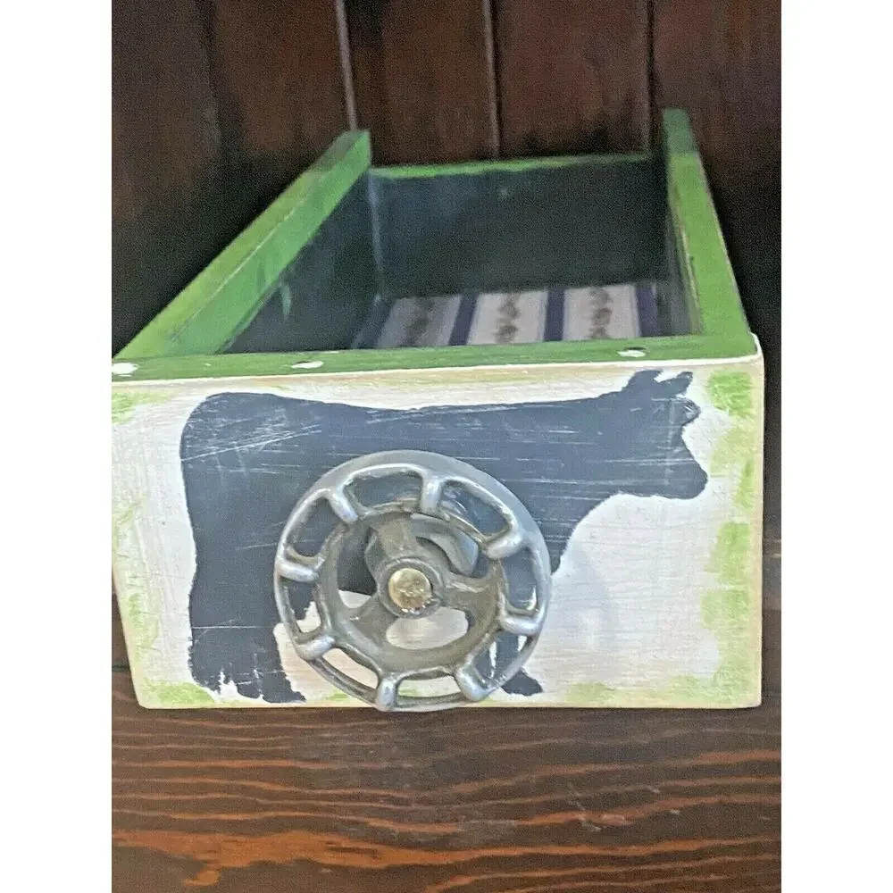 Farmhouse Wood Drawer Crate w/ Vintage Dairy Cow Spigot Handle, Green/Black